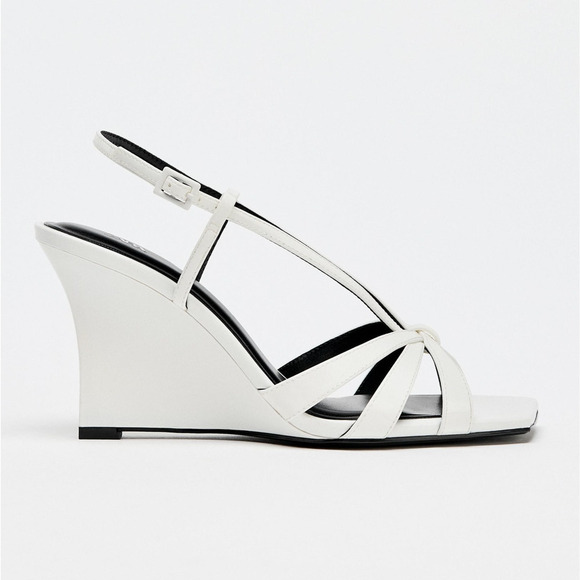 ZARA White Strappy Patent Wedge Heels NWT | Square Toe Sandals - Picture 4 of 16